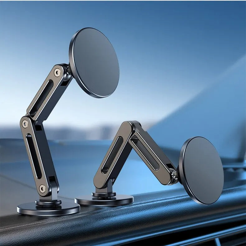 Two magnetic phone holders with adjustable arms on a car dashboard.