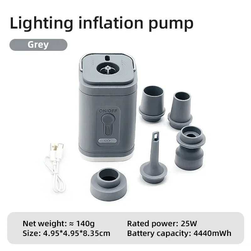 Gray lighting inflation pump with accessories on a white background