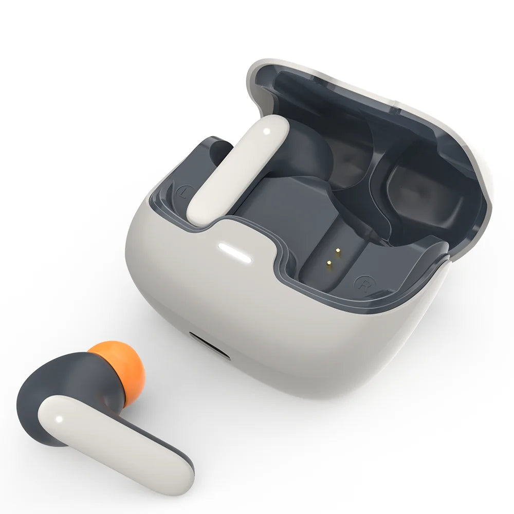 Wireless earbuds with charging case on a white background