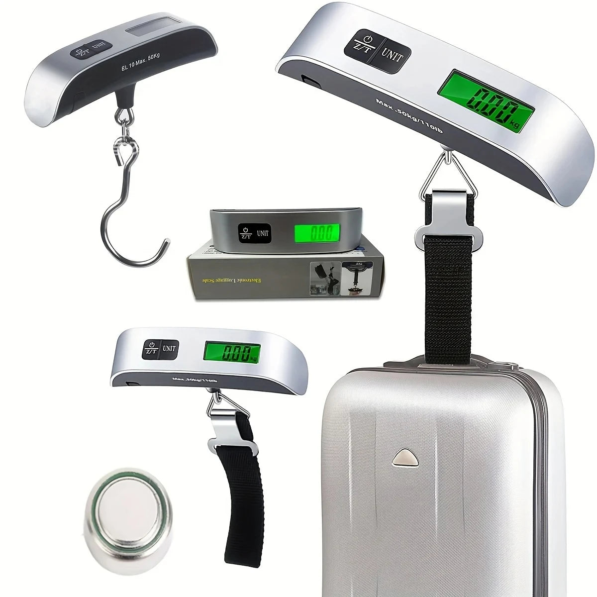 Set of digital luggage scales with a suitcase on a white background
