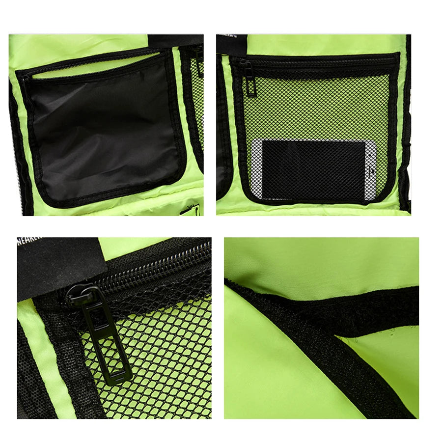 Collage of close-up details of a green and black bag with mesh pocket and zipper.