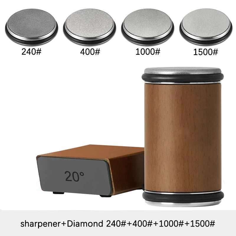 Wooden sharpener with diamond grades displayed above it on a white background