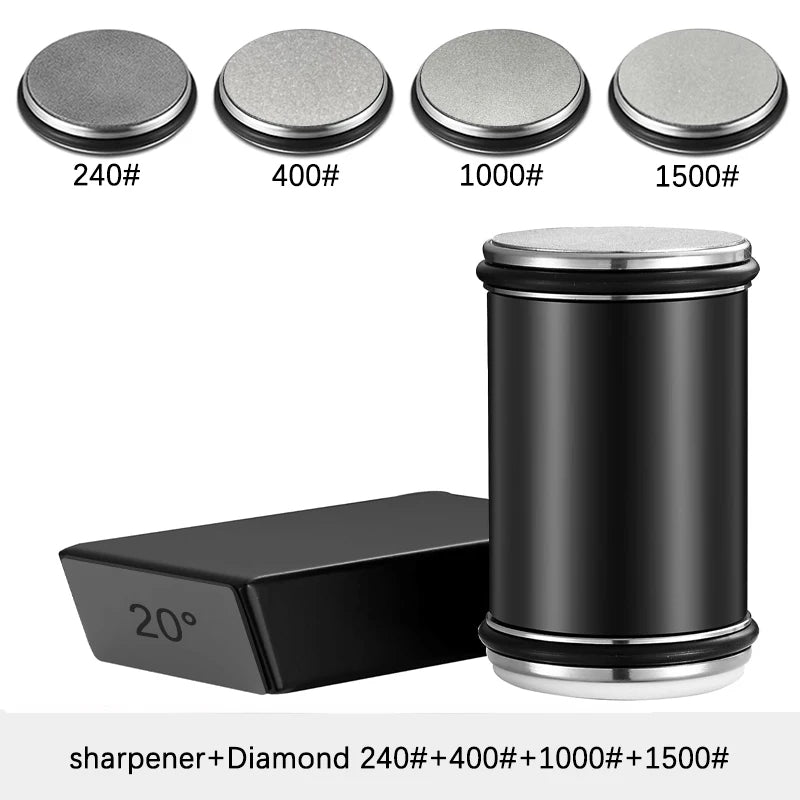 Black diamond sharpening stone with labeled grits and a black container on a white background.