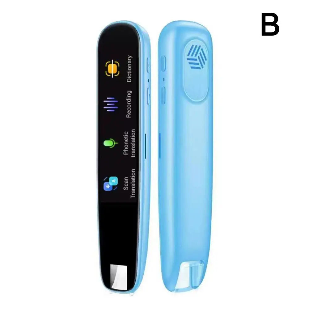 Blue electronic device with screen displaying functions on a white background