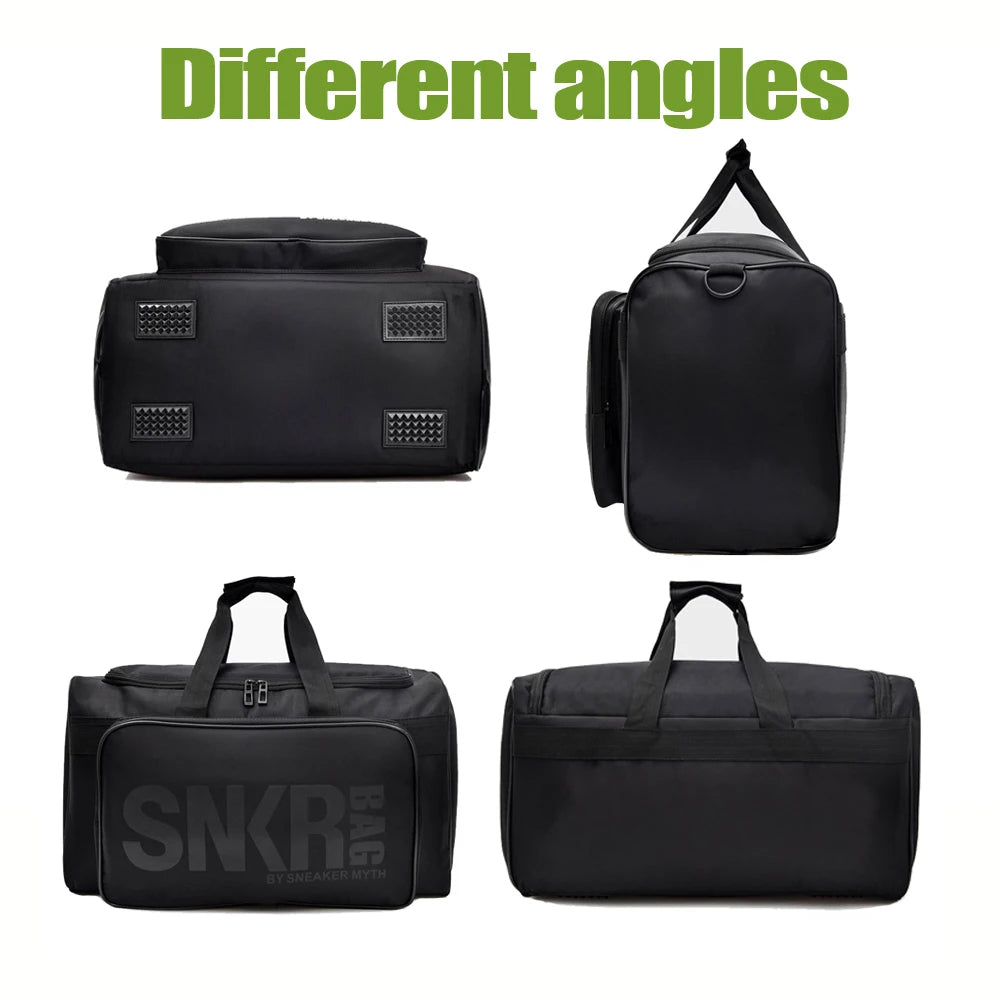 Black duffel bag shown from different angles with 'SNKR' branding on a white background.