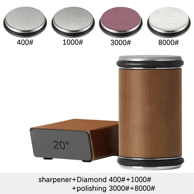 Diamond sharpening stone set with different grits and wooden handle on a white background