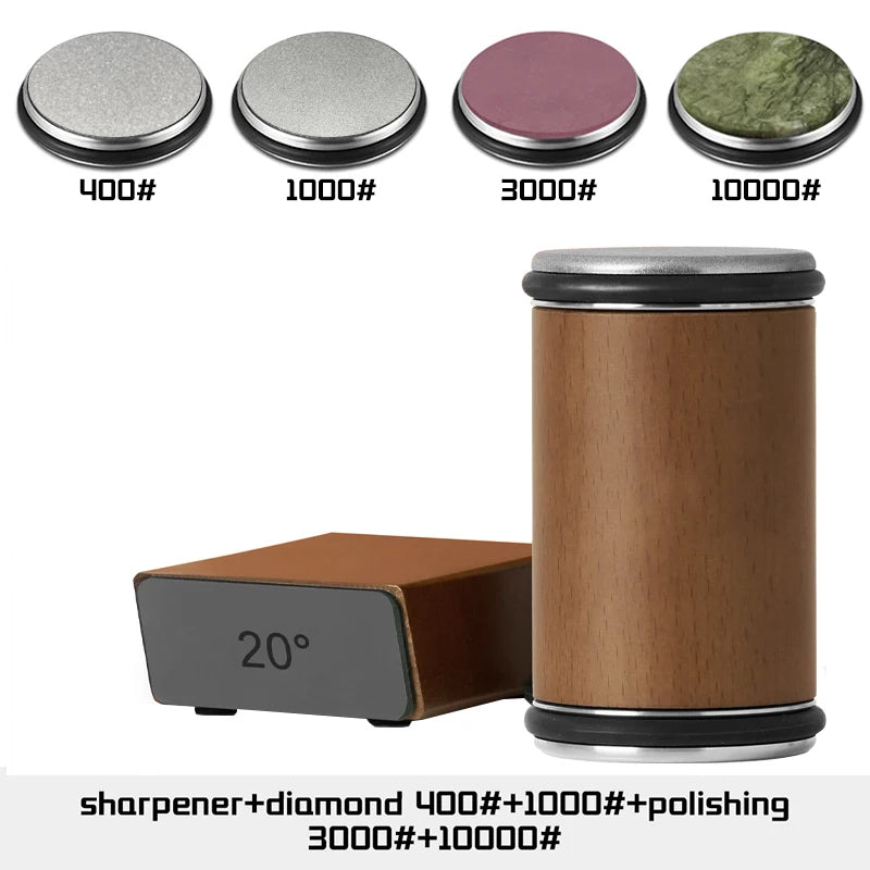 Diamond sharpening stone set with different grit levels and a wooden holder.