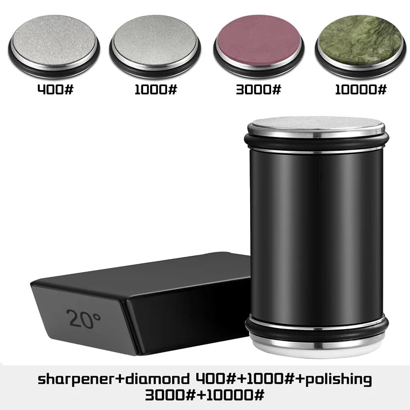 Diamond sharpening stone set with different grits and a black cylindrical sharpener on a white background.