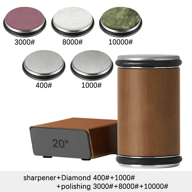 Diamond sharpening stone set with various grits and a sharpener on a white background