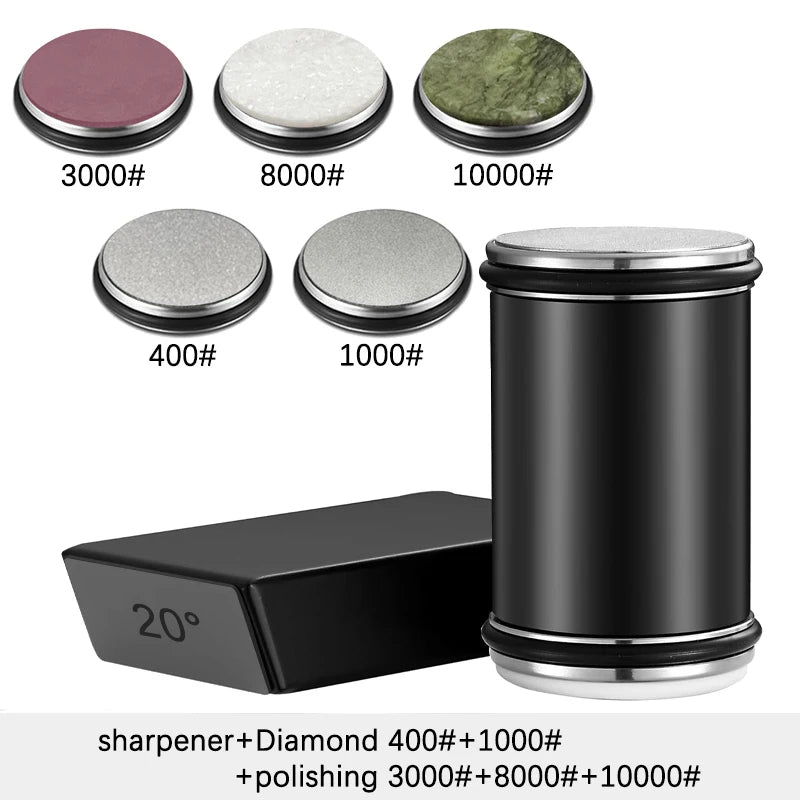 Diamond sharpening stone set with various grits and a black container on a white background.