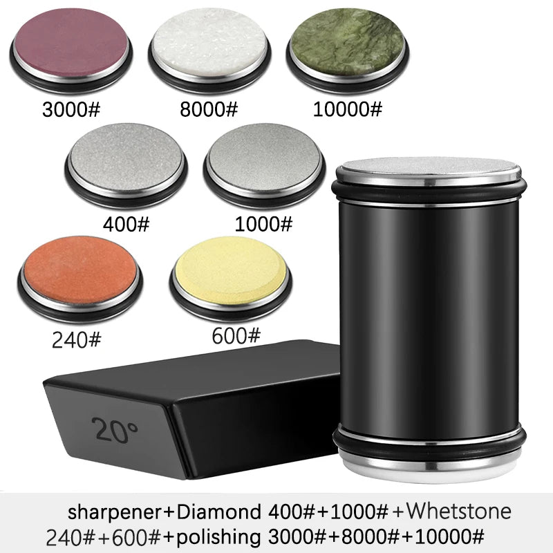 Set of diamond sharpeners with various grits and a black cylindrical sharpener on a white background.
