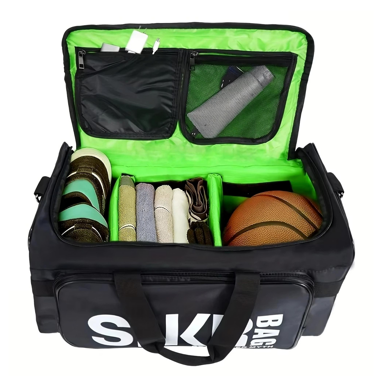 Black duffel bag with green interior containing sports equipment on a white background