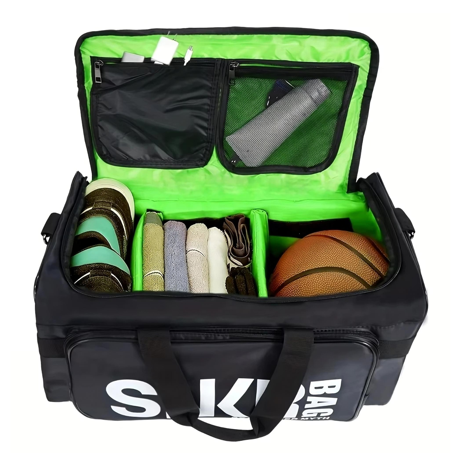 Black duffel bag with green interior containing sports equipment on a white background