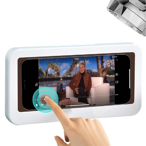 Phone in a white holder in the shower