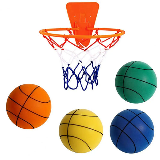 Basketball hoop with colorful balls on a white background