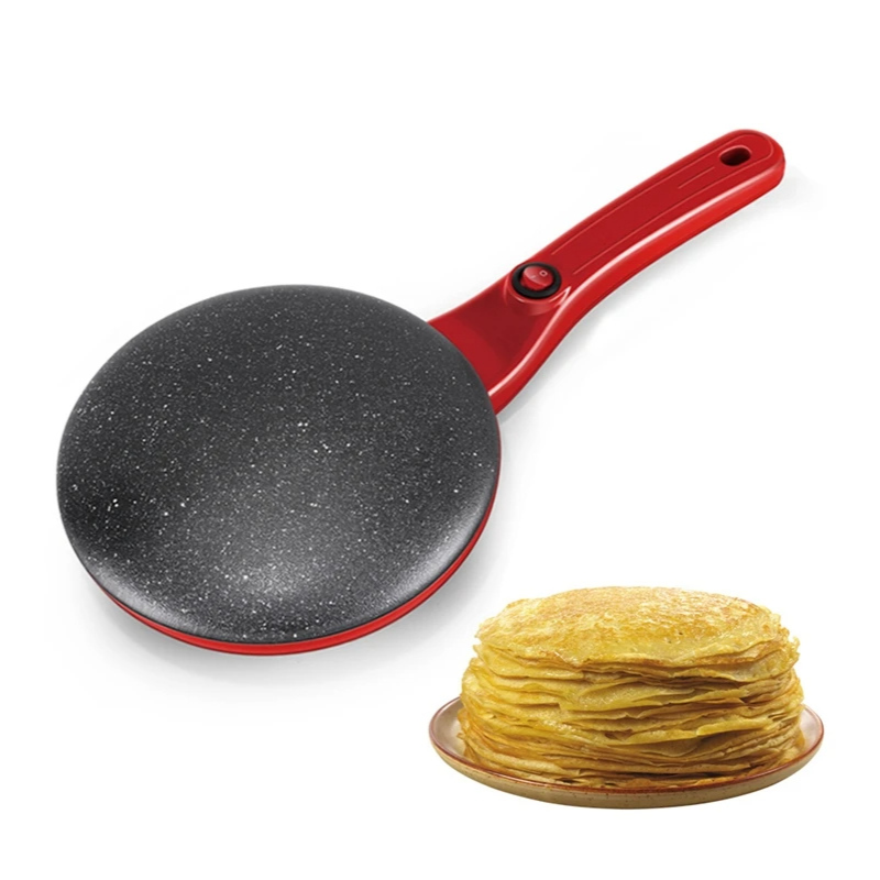 Red frying pan with a stack of pancakes on a white background