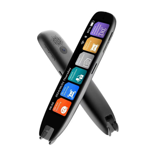 Black electronic device with colorful display on a white background