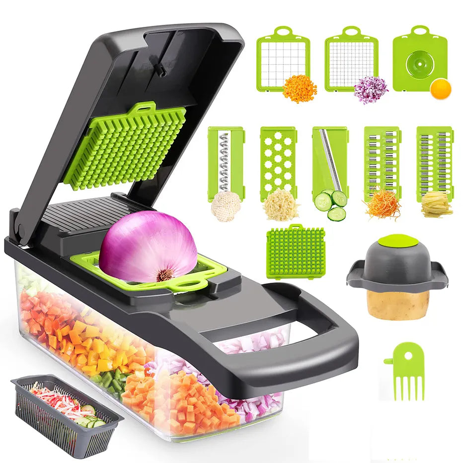 Multifunctional kitchen slicer with various attachments on a white background