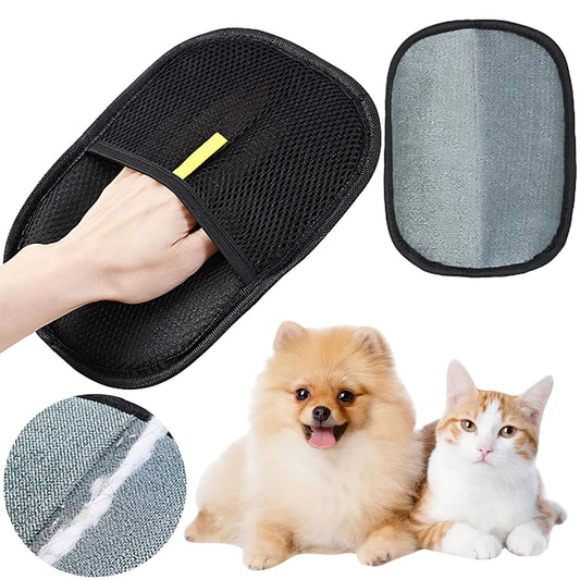 Black grooming mitt, pet cleaning tool, with a hand holding it, two pets (dog and cat) for scale, and close-up of the material.
