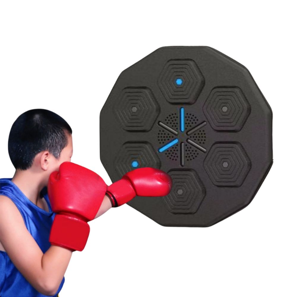 Person wearing red boxing gloves hitting a black octagonal training pad on a white background