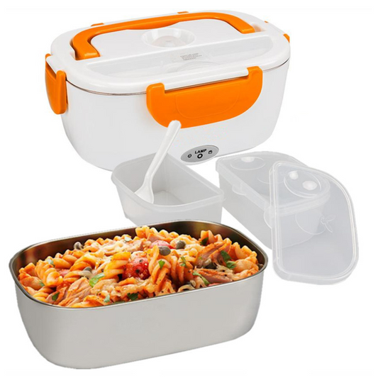 Heated lunch box with pasta inside on a white background