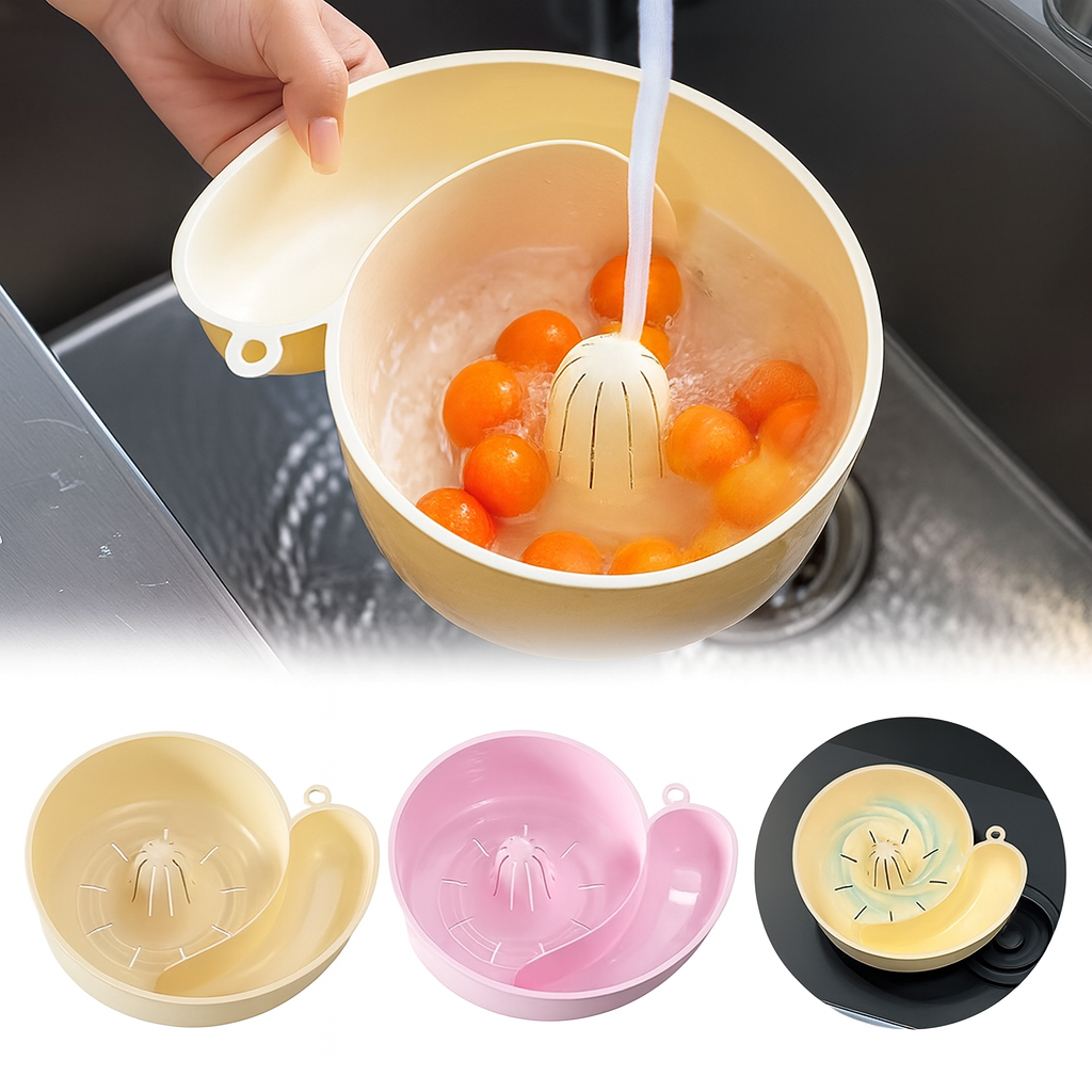 Kitchen sink strainer with oranges being washed in a sink, with additional strainers shown below.