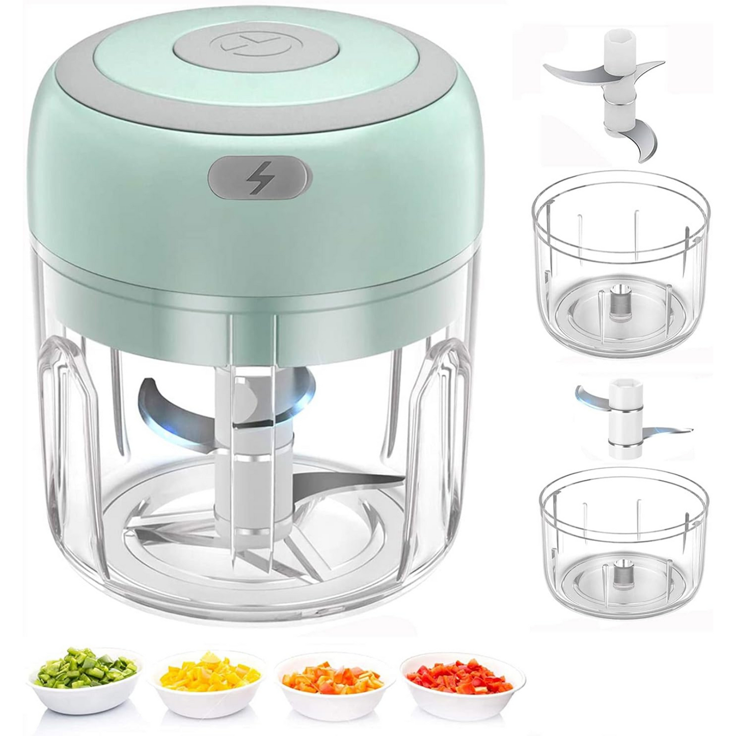 green food chopper on white backround showing some of the foods in cut