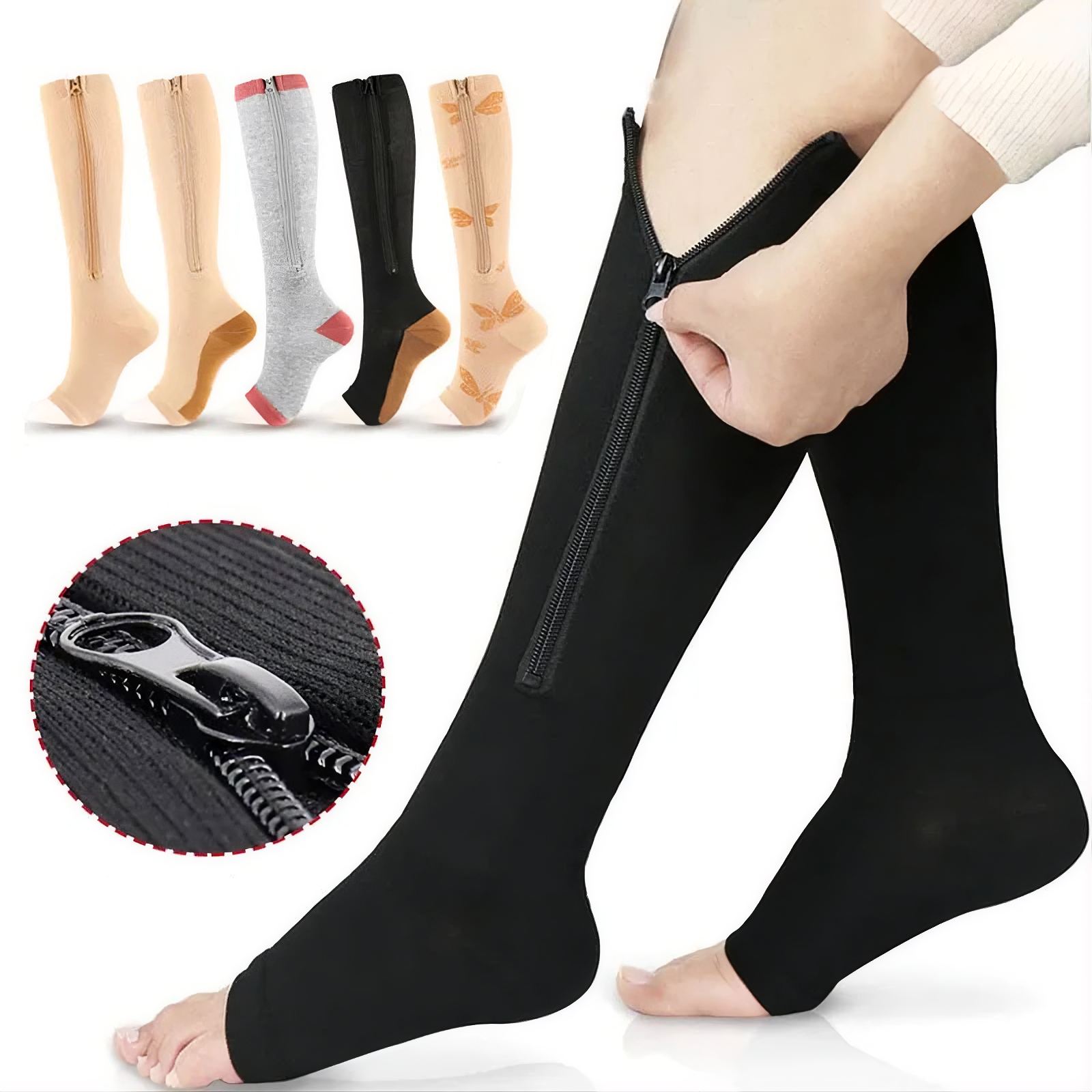 Black compression sock with a zipper being worn, with inset images of other colored socks and a close-up of the zipper.