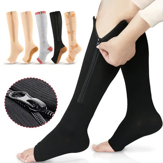 Black compression sock with a zipper being worn, with inset images of other colored socks and a close-up of the zipper.
