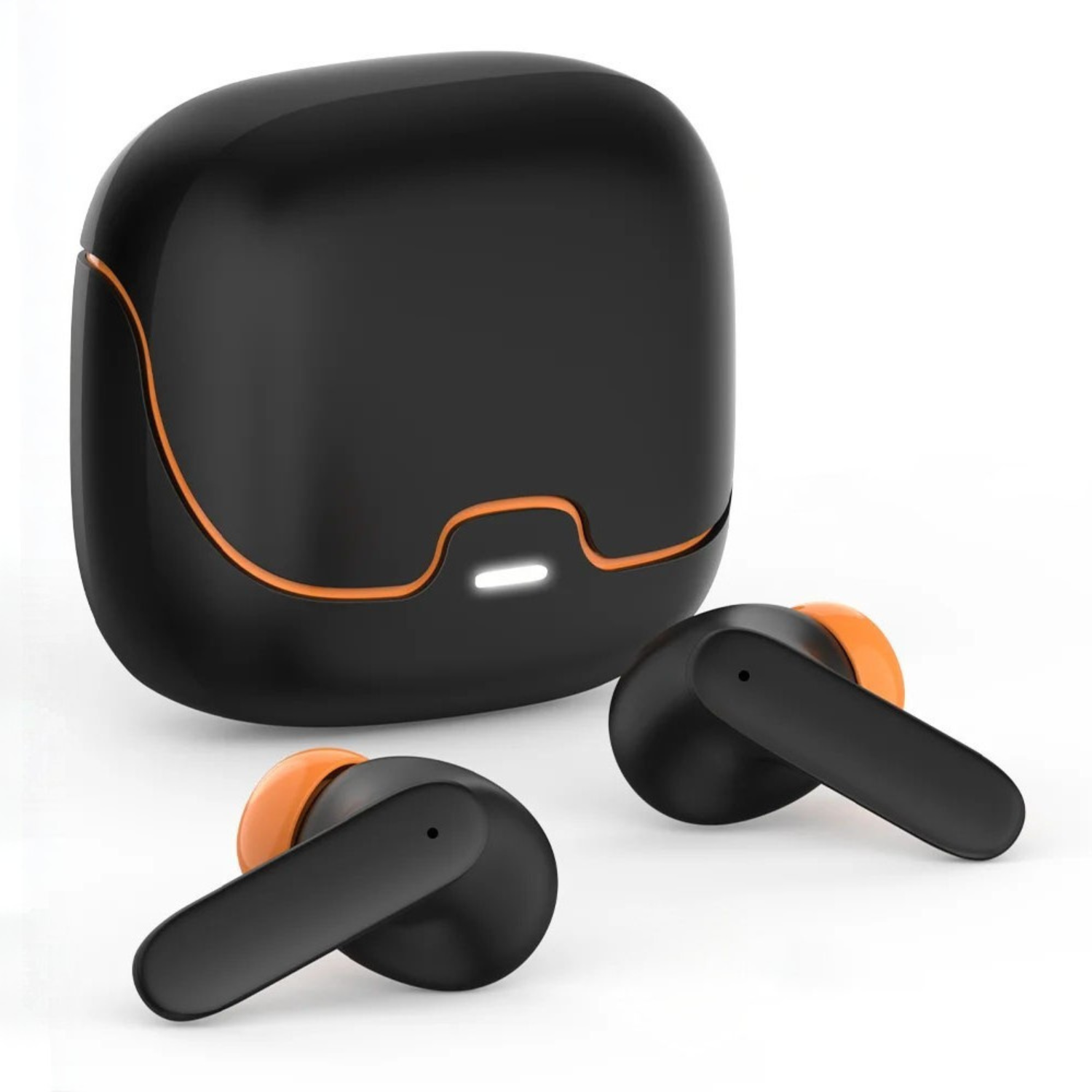 Black wireless earbuds with orange accents and charging case on a white background