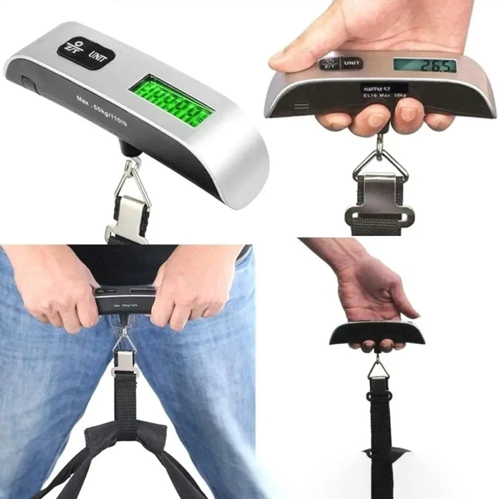 Digital luggage scale being held and used by a person, with close-up shots of the scale's display.