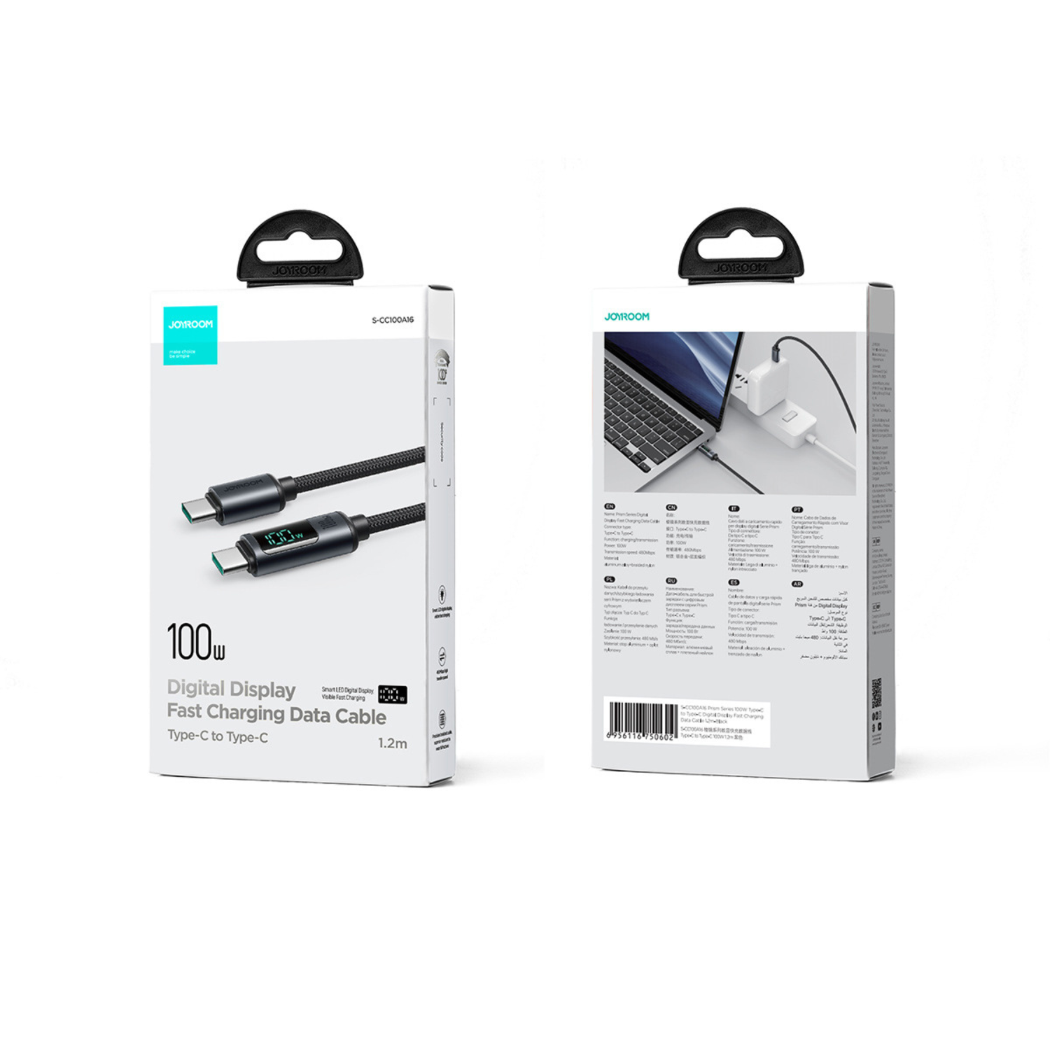 Two packaging boxes for digital display fast charging data cables on a white background