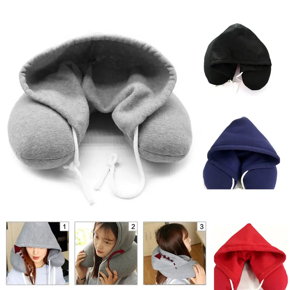 Collage of travel neck pillows in various colors with close-up and usage examples.