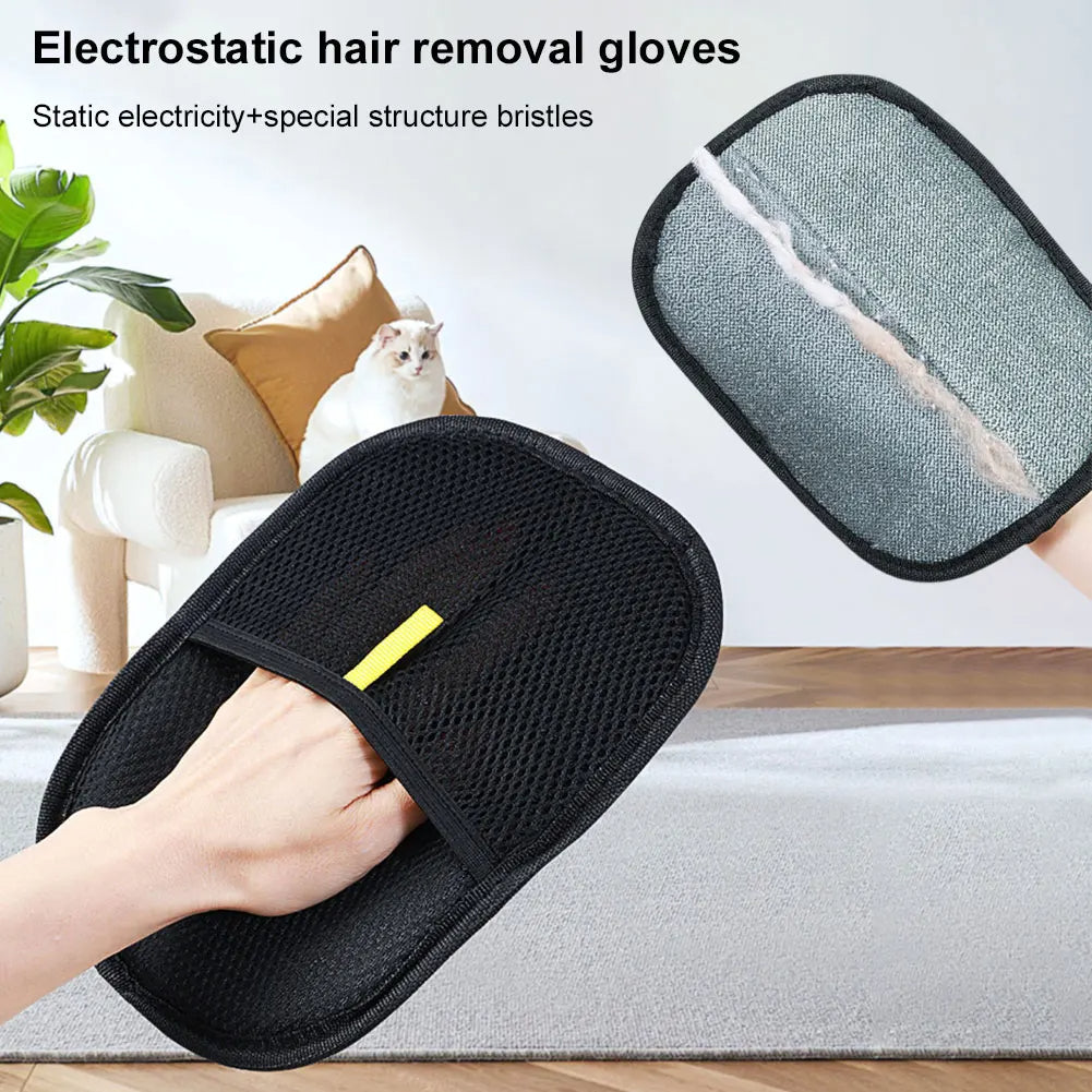Black electrostatic hair removal glove with a close-up of bristles, used by a person indoors.