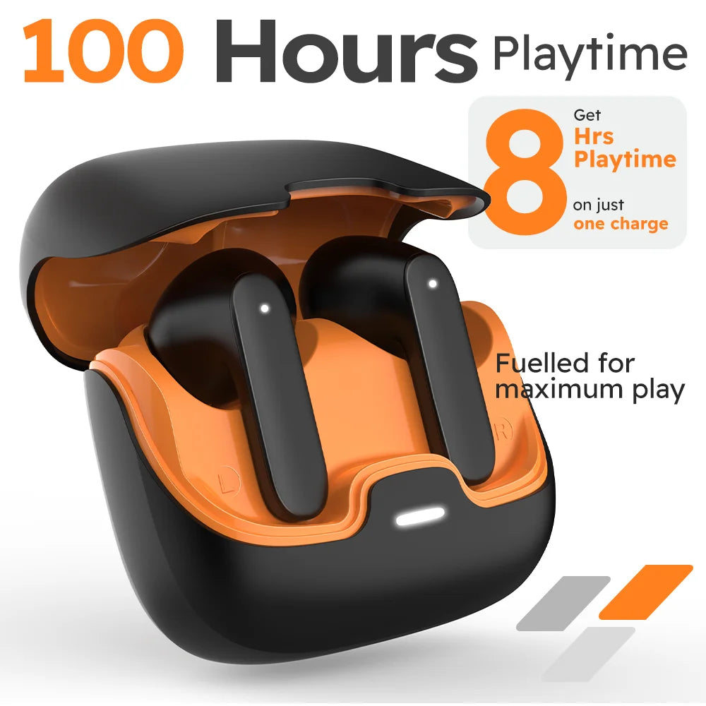 Black and orange wireless earbuds with charging case, highlighting 100 hours playtime on a white background.