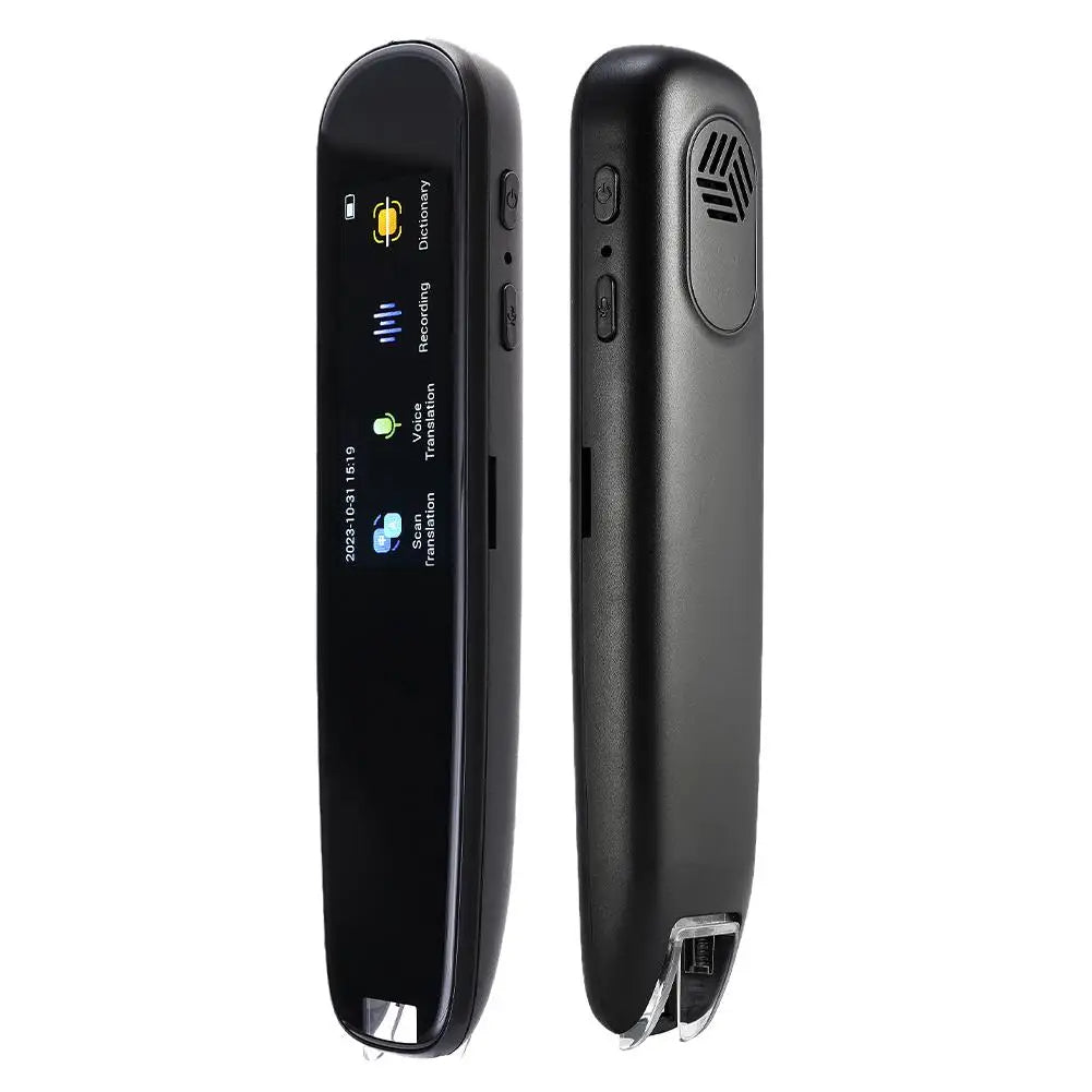 Black portable translation device with digital display on a white background