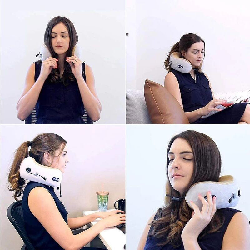 Woman using a neck pillow in various settings