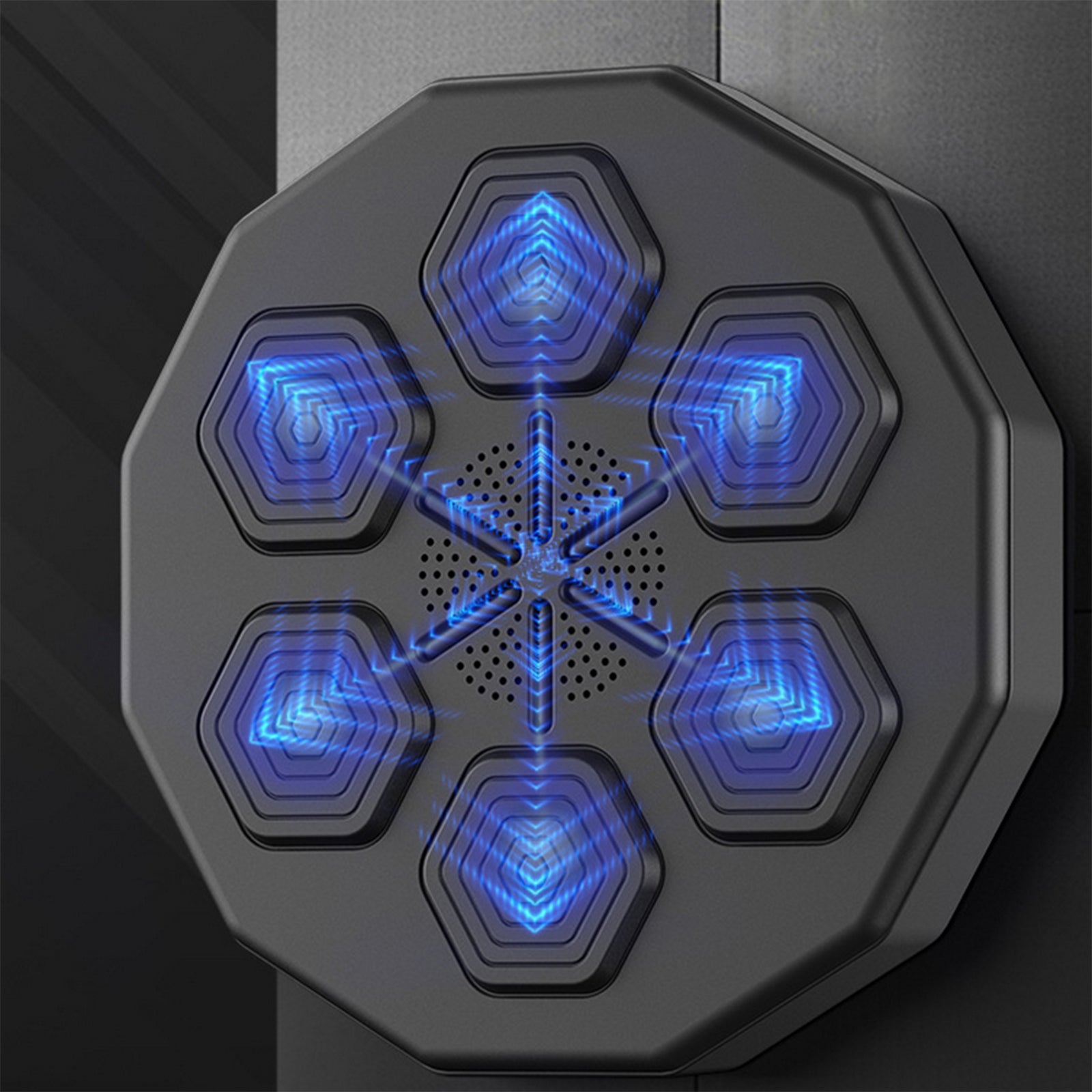 Hexagonal device with blue glowing patterns on a dark background