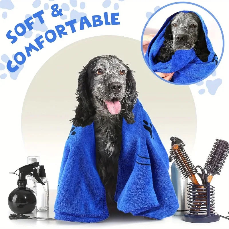 Dog wrapped in a blue towel with grooming tools and 'Soft & Comfortable' text.