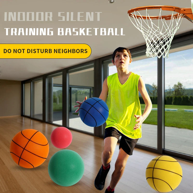 Child holding a blue basketball with colorful training balls on a wooden floor, near a glass door with an outdoor view.