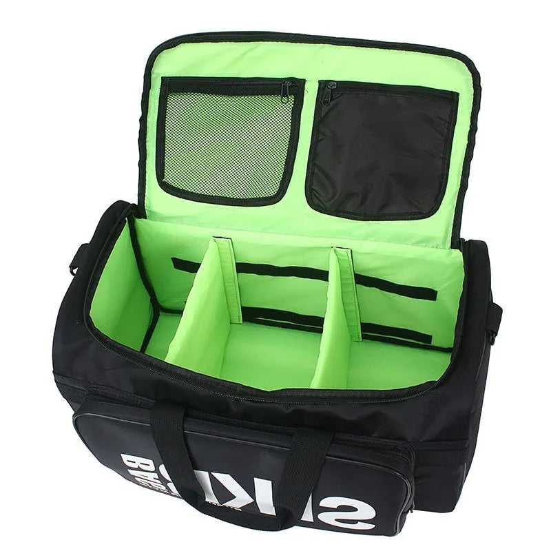 Black and green sports bag with visible brand logo on a white background