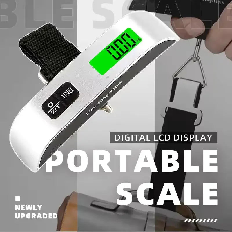 Digital luggage scale with a green display held above a suitcase.