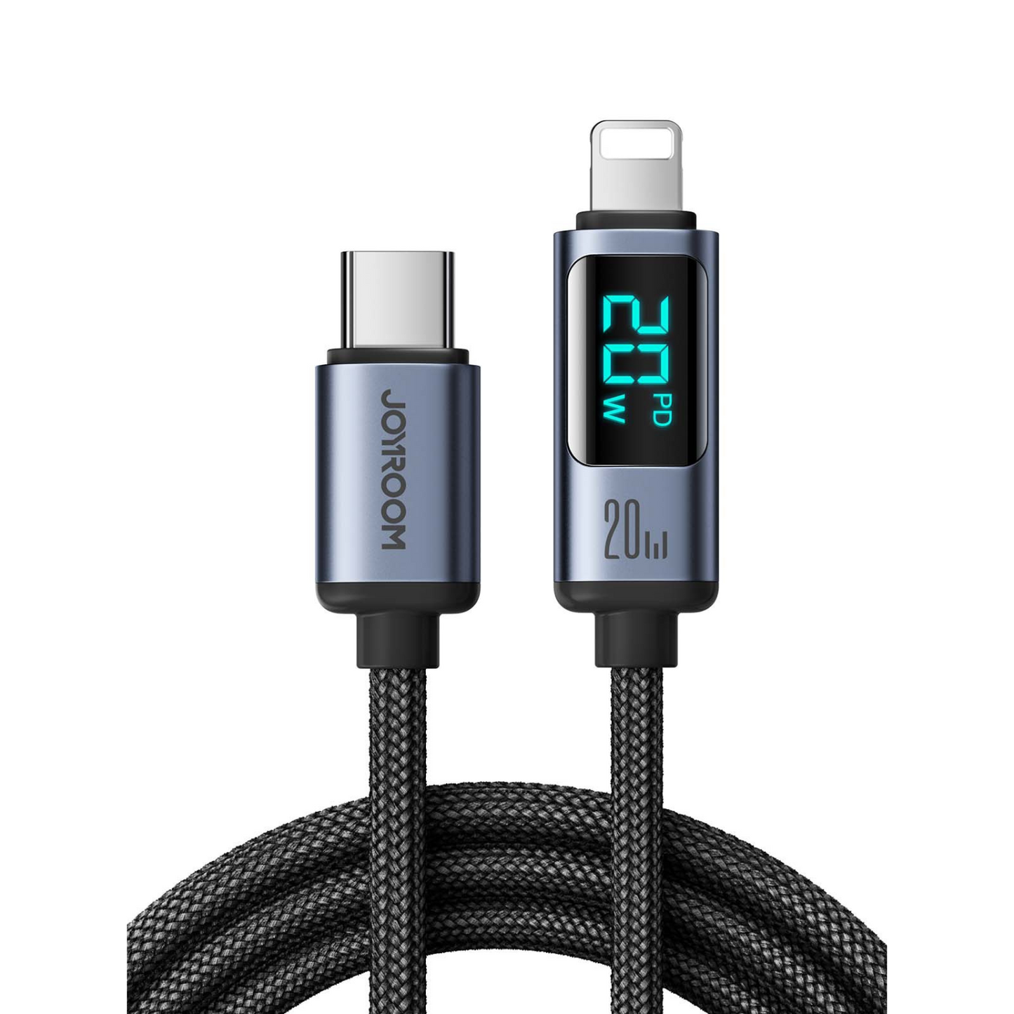 Two charging cables with digital display on a white background