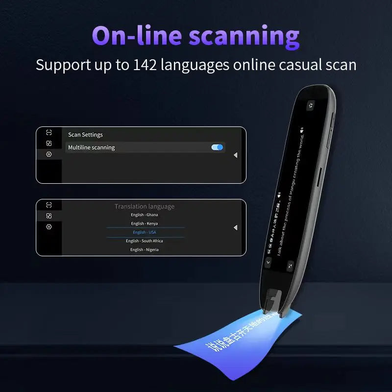 Electronic device with screen displaying scanning and translation features on a dark background