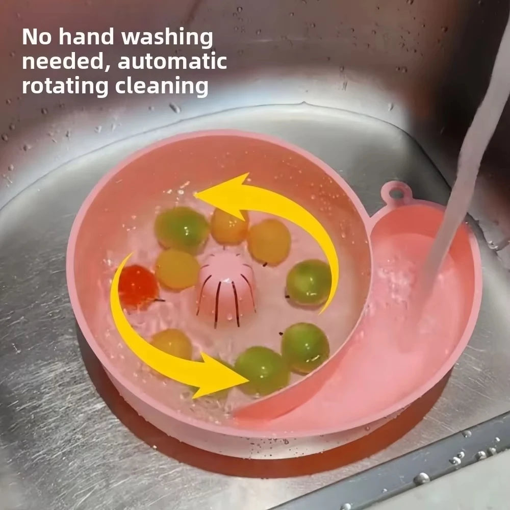 Automatic rotating cleaning device with colorful gummy candies in a sink.