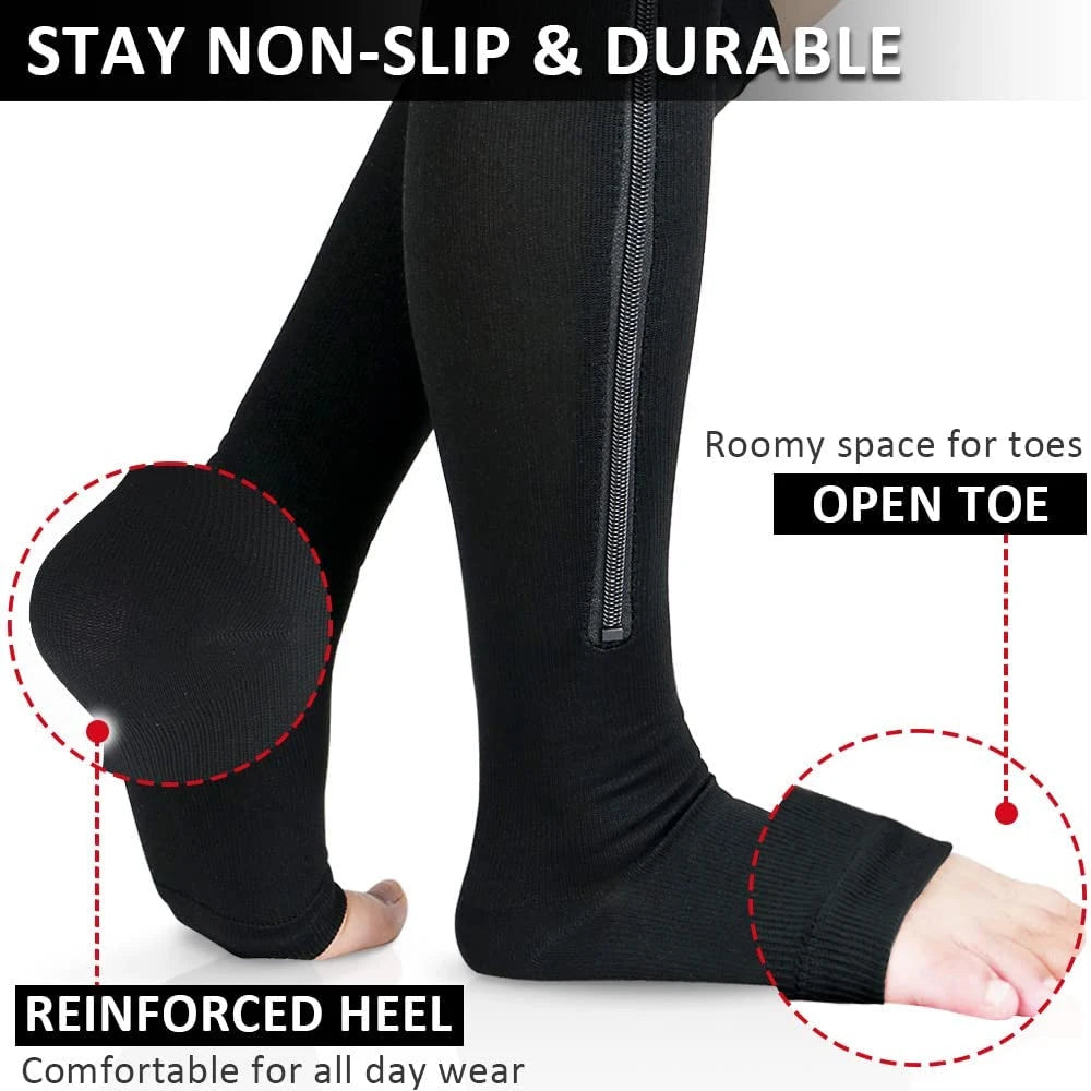 Black compression socks with features highlighted on a white background