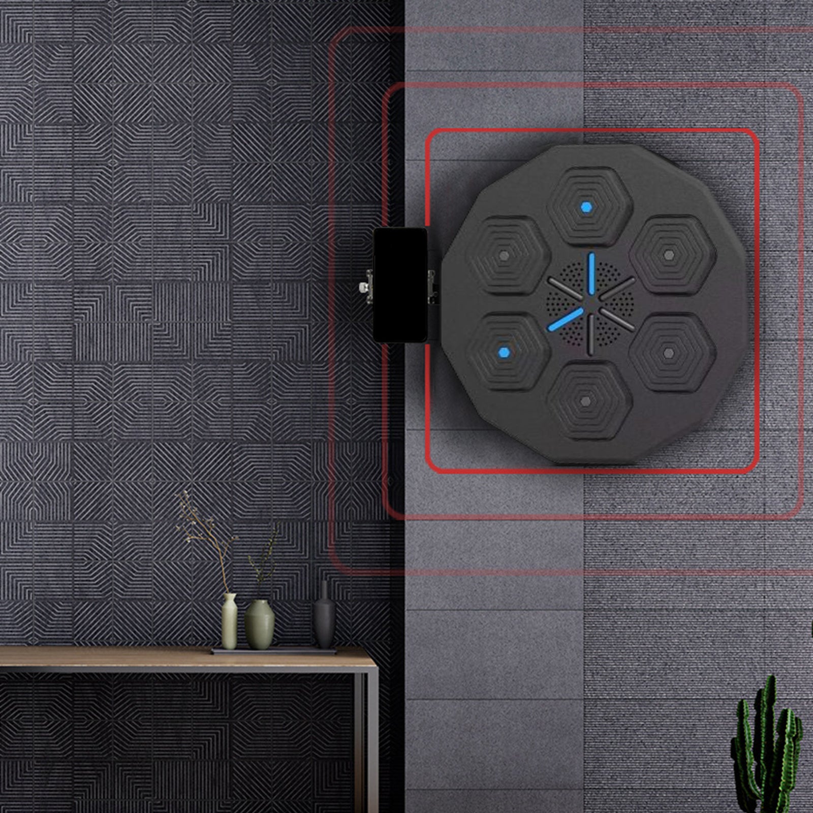 boxing bag on a textured grey floor with a geometric pattern.