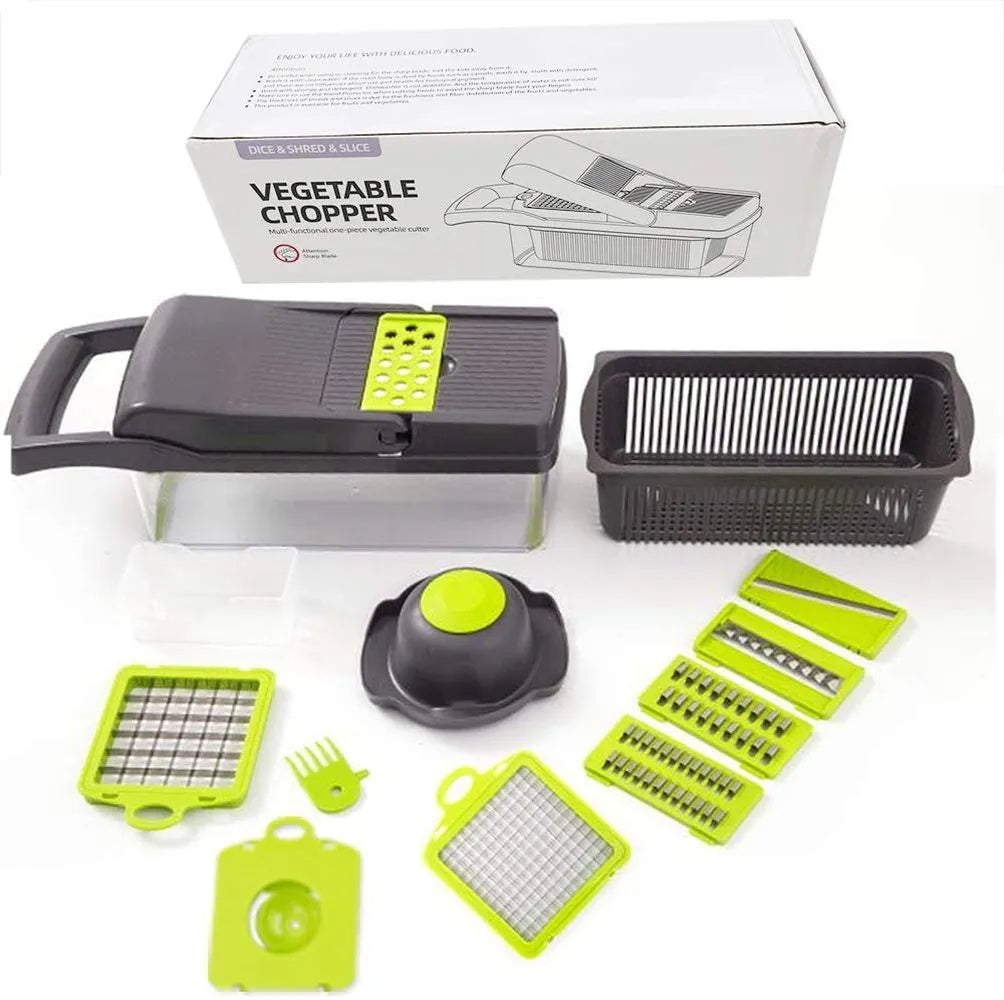 Vegetable chopper set with accessories and packaging on a white background