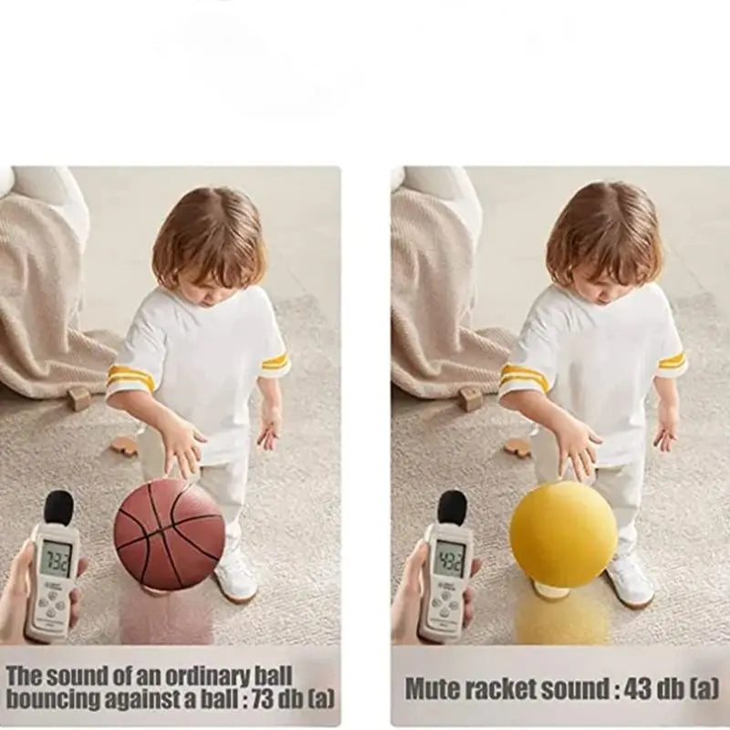 Child with a basketball and a yellow ball, sound level measurement shown.