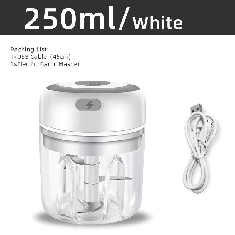 White electric food masher with USB cable on a white background